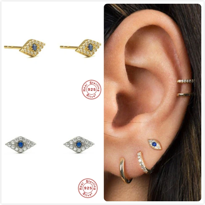 Настоящее серебро 925 пробы серьги для женщин Золотые со сглаза маленькие