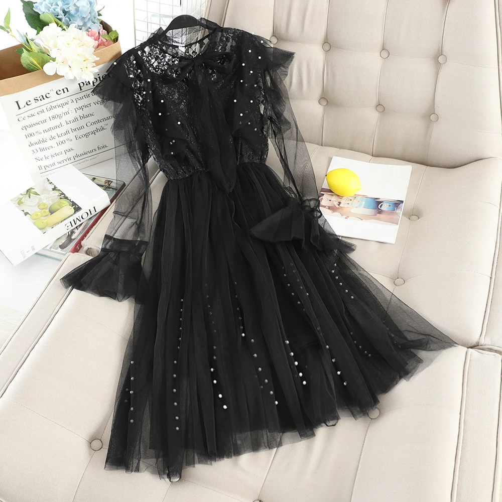 New ruffled bow tie with beaded mesh stitching lace temperament ladies two-piece dress | Женская одежда