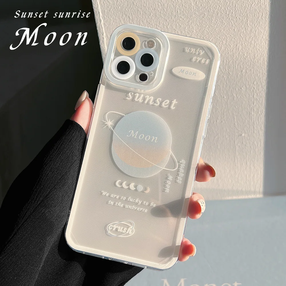 

Retro Moon track sunset art transparent shockproof Phone Case For iPhone 13 11 12 Pro Max Xr Xs Max 7 8 Plus X Case Cute Cover