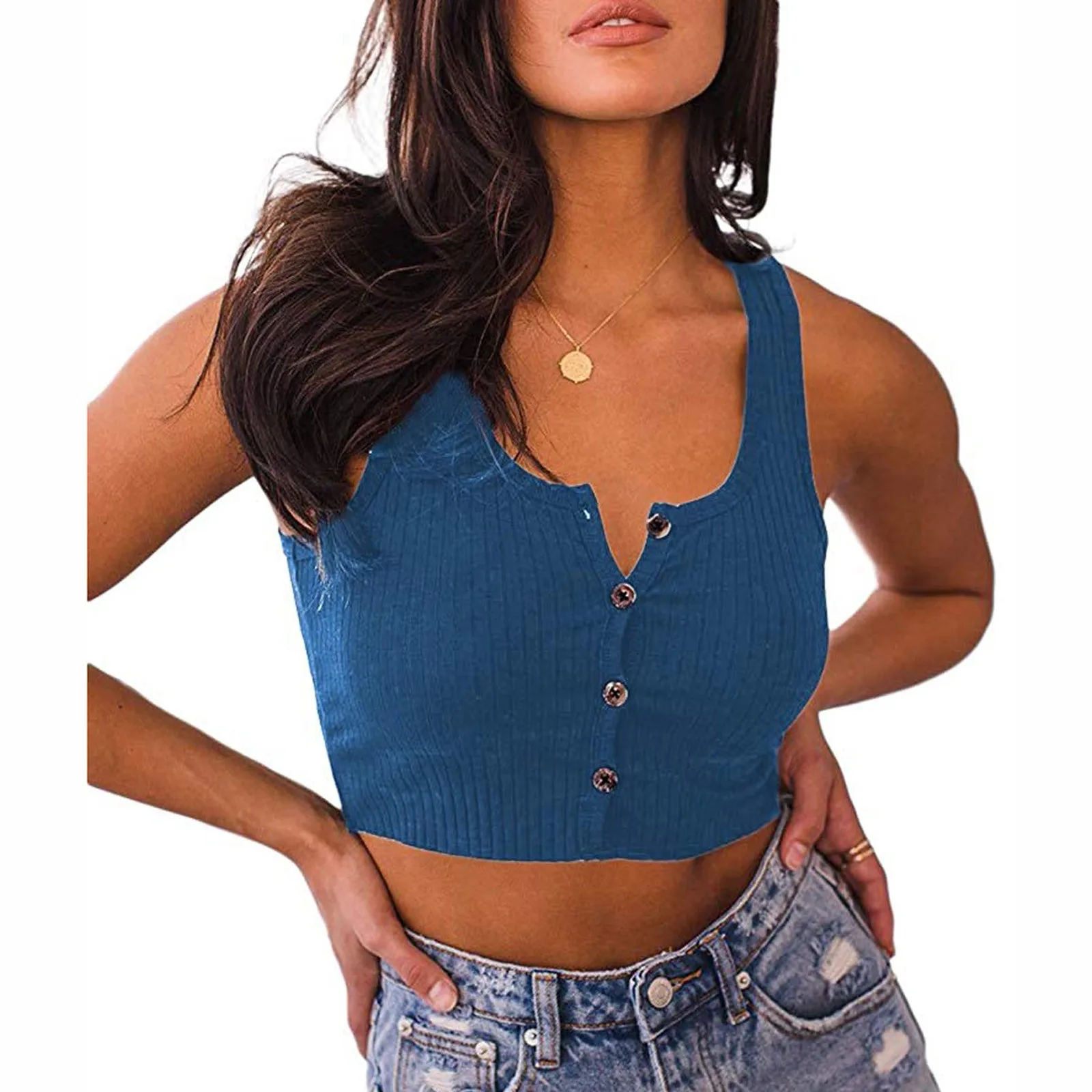 

Sexy Buttons Women V-Neck Tank Tops Cotton Aesthetic Clothes Short Sleeve Solid Color Button Crop Top Slim Clubwear Top Shirt