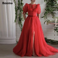 booma red polka dots tulle prom dresses short puff sleeves ruffles slit a line wedding party dresses with pockets prom gowns
