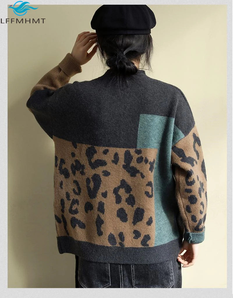 

Women Patchwork Leopard Pattern Long Sleeve Soft Warm Sweater Female Autumn Casual Wild Pullover Knitwear Vintage Bottoming Tops