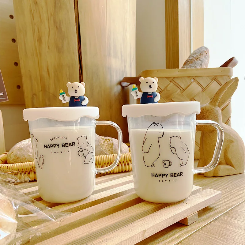 

450ML Korean Cute Polar Bear Glass Transparent Mugs High Borosilicate Glass With Lid Business Office Milk Coffee Cup