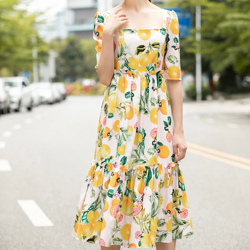 

Runway Bohemian Retro Print Flowers Middle Sleeve Elegant Temperament Slim Women'S Mid-Length Dress Spring Summer High Quality