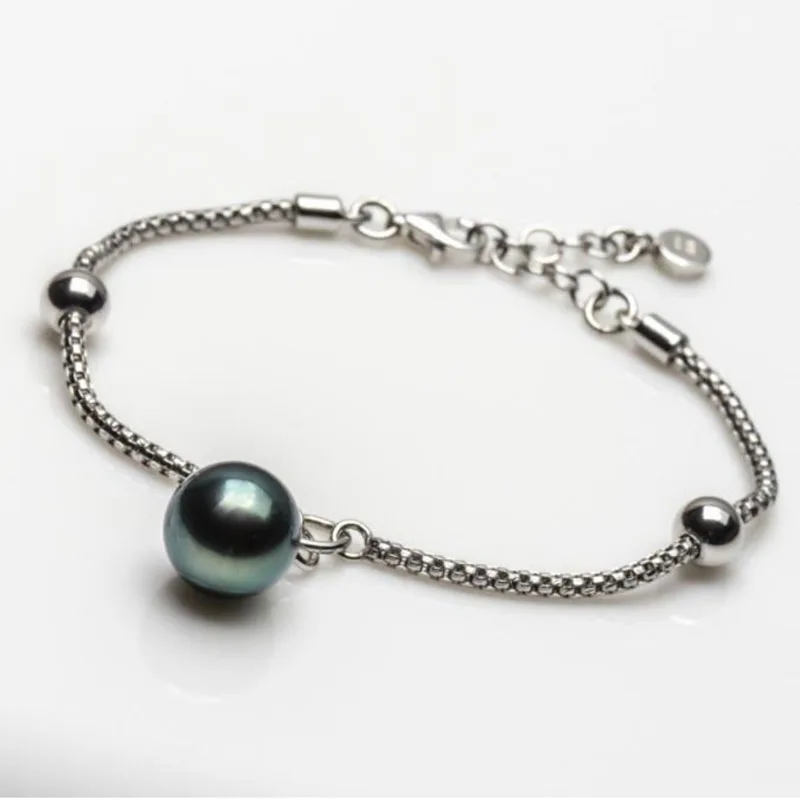 

11mm Round Black Green Tahitian Sea Pearl Bracelet 925 Sterling Silver