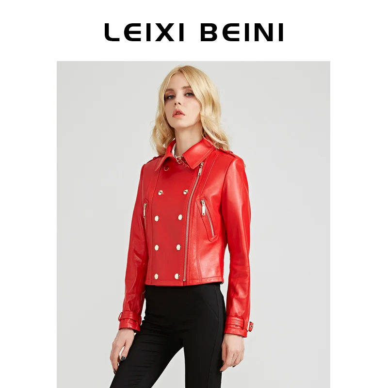 

SHZQ Leather Motorcycle Leather Clothes Women's 2021 Autumn New Big Red Little Sheepskin Short Coat Korean Sheep Leather Jacket