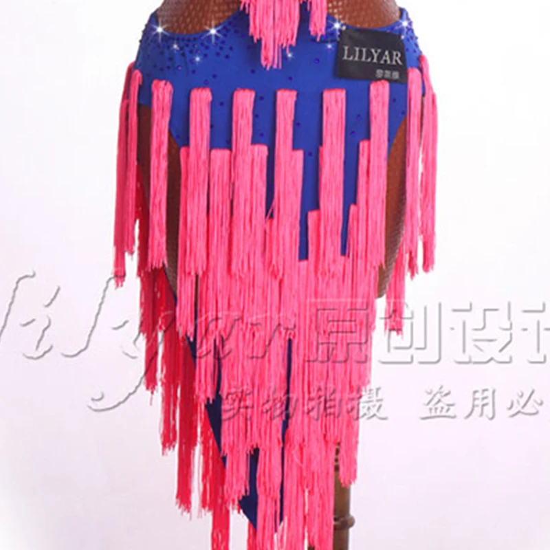 

New Latin dress competition dress performance Dress Adult custom pink tassel open waist open back dance skirt