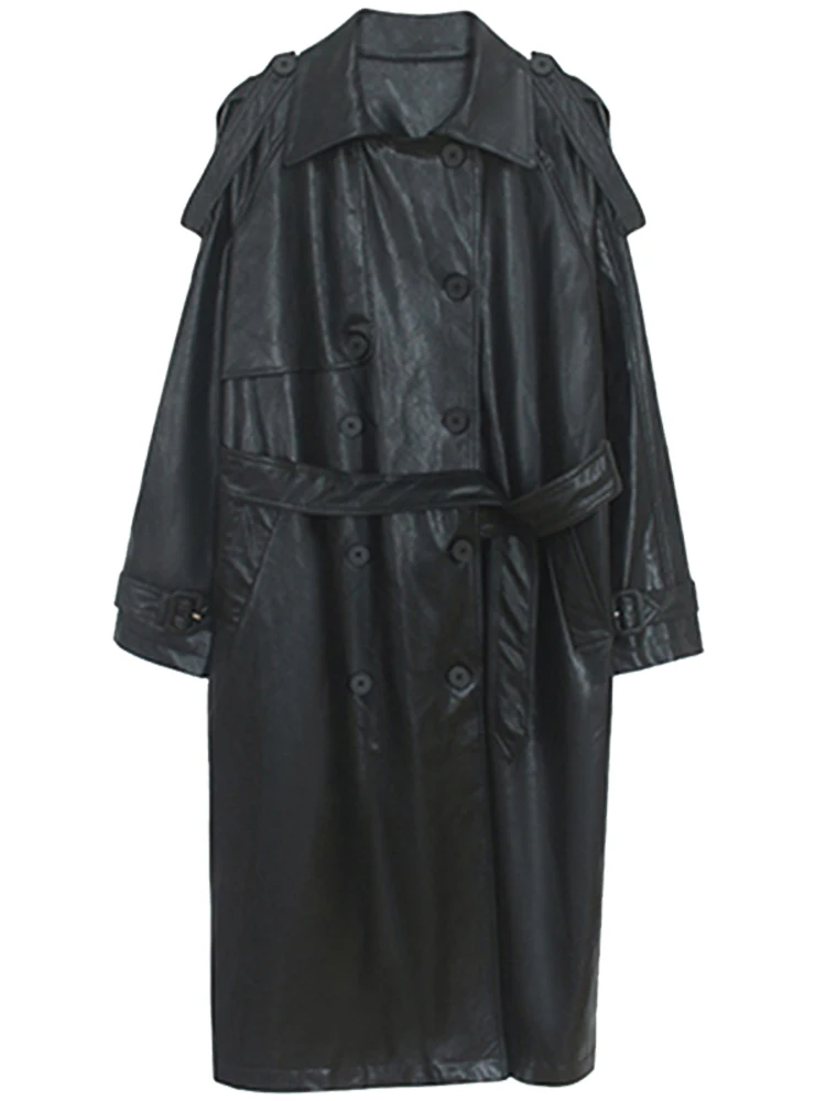 Lautaro Осенний длинный оверсайз черный кожаный плащ для женщин с длинным рукавом