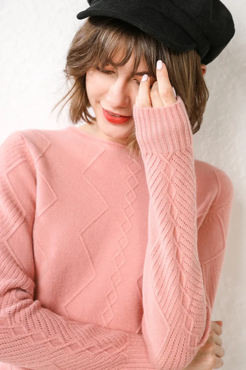GCAROL New Women O Neck Curled Rhombic Sweater Fall Winter 30% Wool Cashmere Thick Jumper Stretch Warm OL Knitted Pullover S-3XL