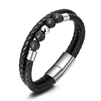 european and american fashion woven handmade leather magnetic buckle stainless steel cross mens bracelet titanium bracele