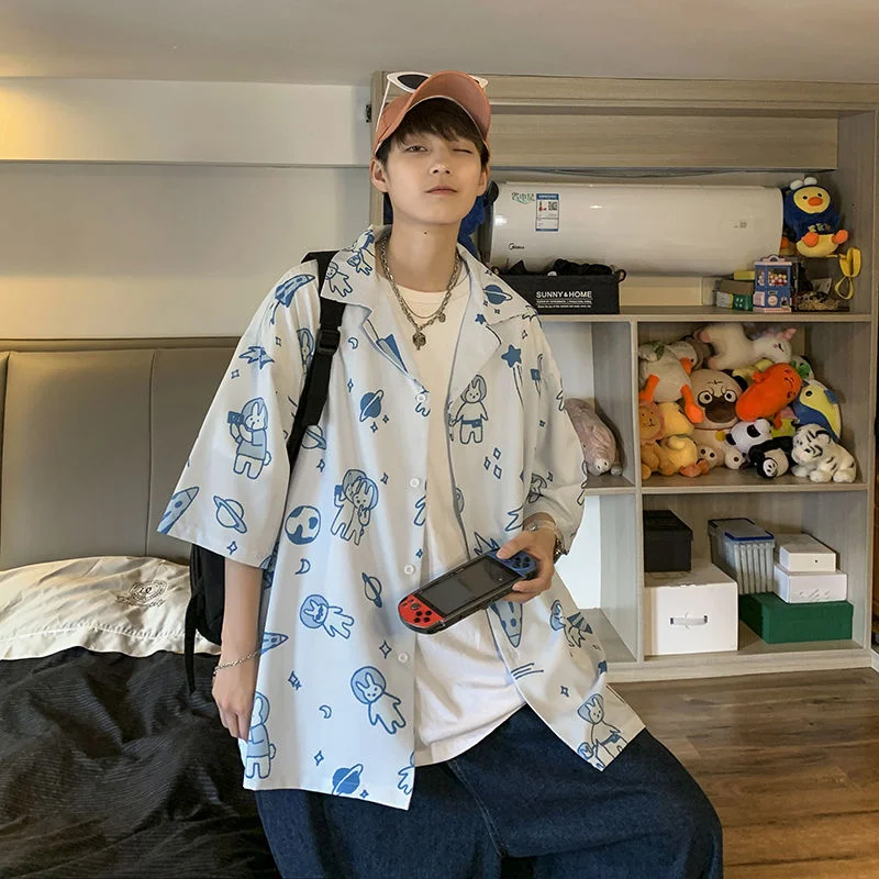 

Рубашки с коротким рукавом и принтом из мультфильма, летние топы большого размера с пятиконечными рукавами, свободная уличная одежда в стил...