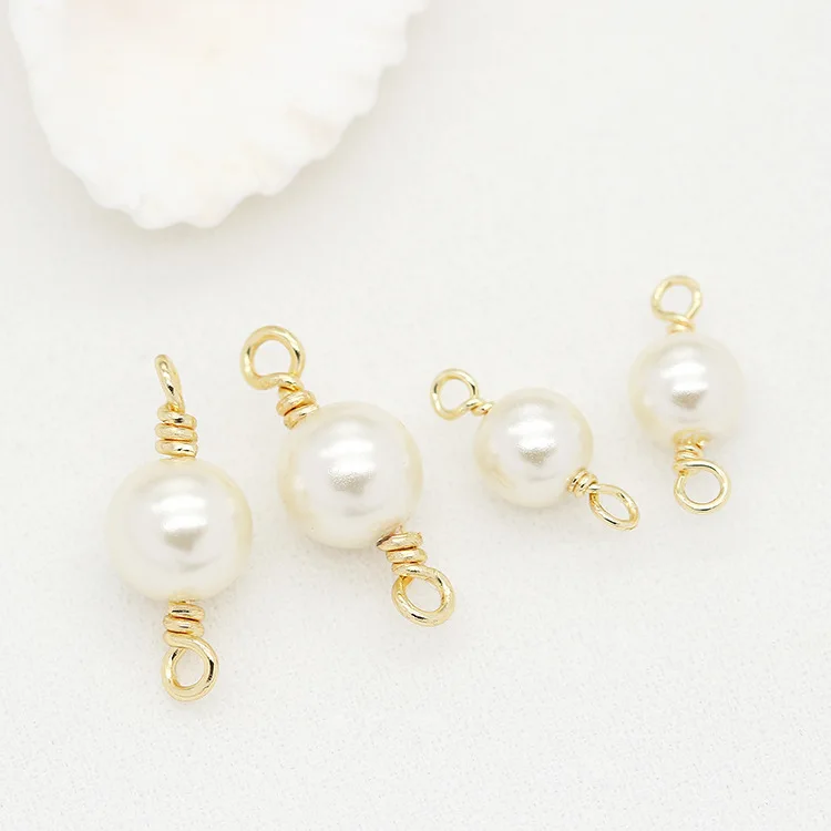

10PCS 14K Gold Color Brass and Imitation Pearls 2 Holes Round Beads Connect Charms Jewelry Findings