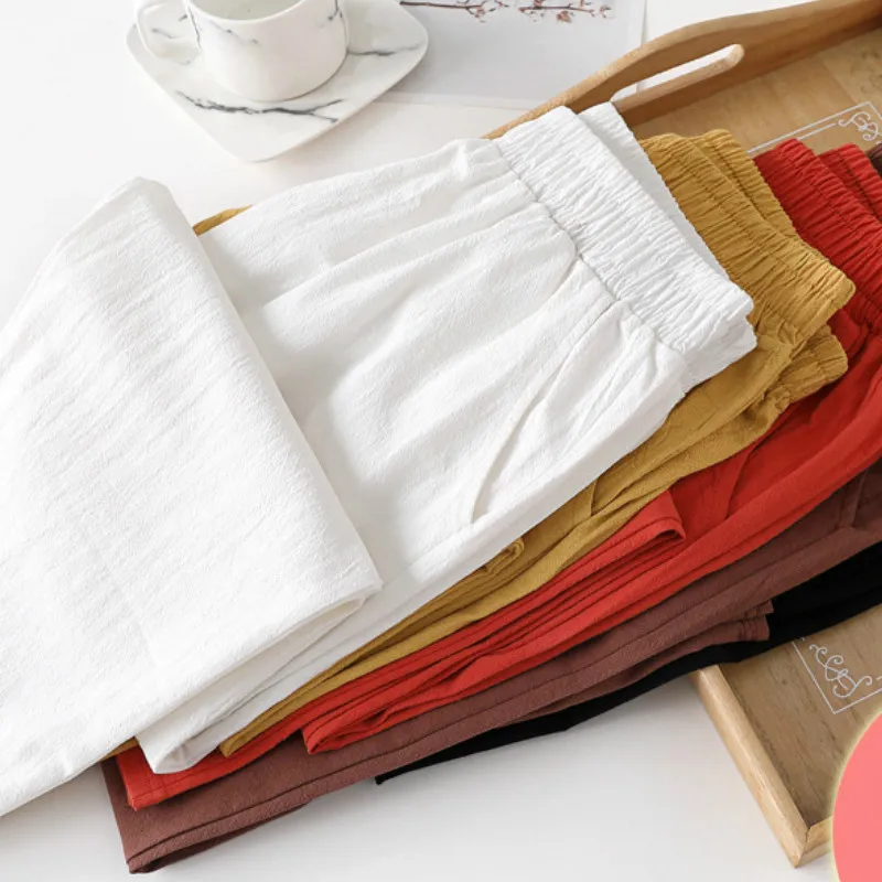 

Plus Size Women Cotton Pants Summer Elastic Waist Loose Casual White Harem Pants Women's Pocket Cotton Linen Trousers