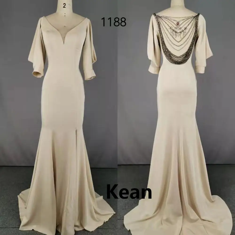 

Champagne Evening Dresses Backless Bead Vestidos De Fiesta Graduate Formal Party Dress Islamic Dubai Kaftan Saudi Arabic Evening