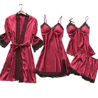 Женская пижама, кружевная одежда для сна из 4 предметов, ночная рубашка, кимоно, халат, Атласный Костюм Бриджи и халат, сексуальная женская домашняя одежда