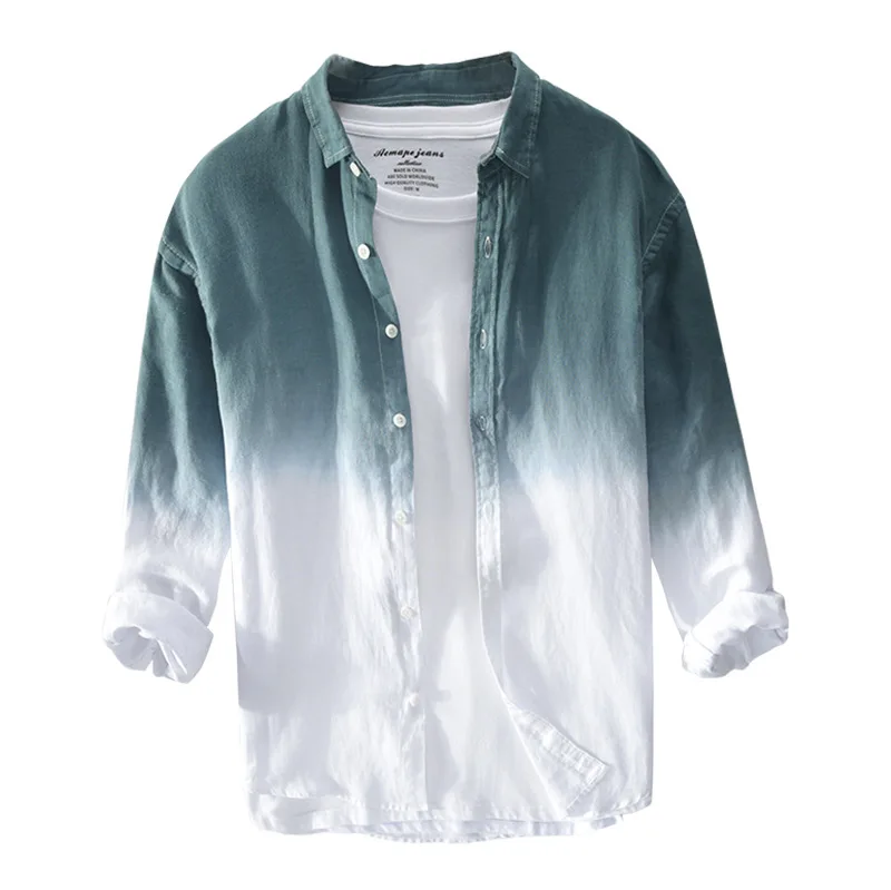 

2021 Men's Hanging Dyed Gradient Color Long Linen Sleeves Shirt