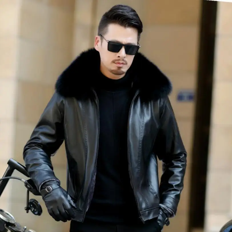 

Winter Men real Leather fox fur collars Jacket Coats Male Thick Motorcycle Jacket Warm Biker Jacket M-3XL