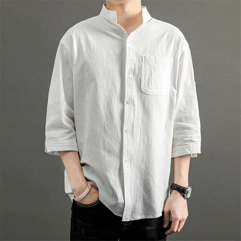 

Cotton Linen Shirt for Men 3/4 Sleeve Summer Men's Thin Casual Stand Collar Shirt Solid Top Plus Size M XL 2XL 3XL 4XL 5XL