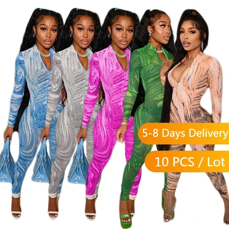 

Wholesale Items Printed Bodycon Jumpsuit Women Long Sleeve Skinny Club Outfits for Women Party Skinny Rompers Womens Jumpsuit