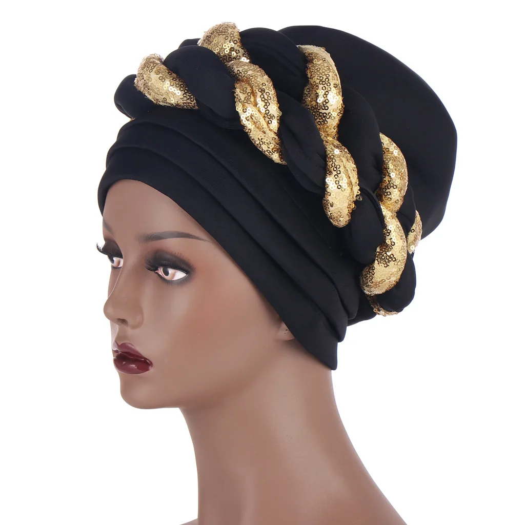 

Shiny Muslim Women Ruffle Double Sequins Braid Turban Hats Chemo Beanies Cap Hijab Headwear Head Wrap Hair Accessories