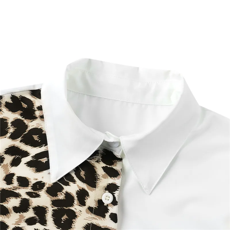 

Women's Blouse Lapel Leopard Pattern Splicing Printing Bow Waisted Casual Loose Tops Spring Clothes S-2XL