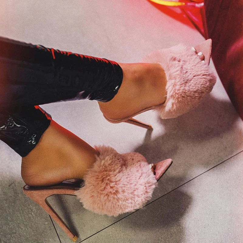 

11.5cm Thin High Heels Fur Sandals Women Footwear Gladiator Sandals Female Wedding Sexy Pumps Shoes Women Party Evening Sandals
