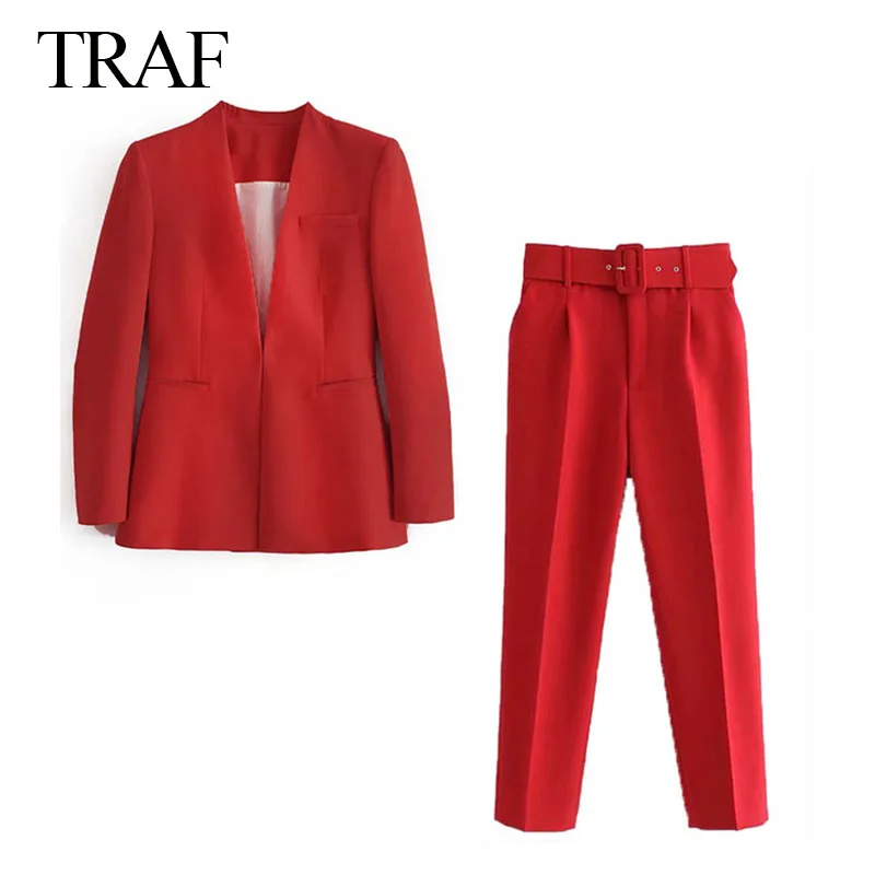 

TRAF ZA Women's Blazer Set Fashion Office Suit Pantsuit Simple Solid Color Suit Collar Long Sleeve + Trousers 2 Piece Set Blazer