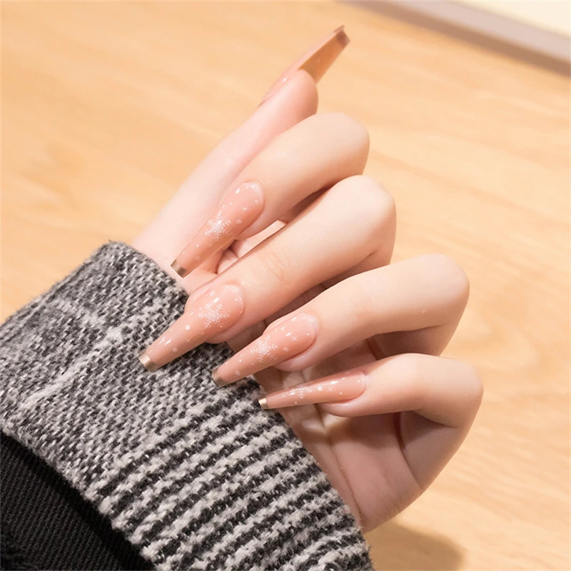 

Sanow Nude Pink French Fake Nails with Designs Long Press on False Nails BAL007