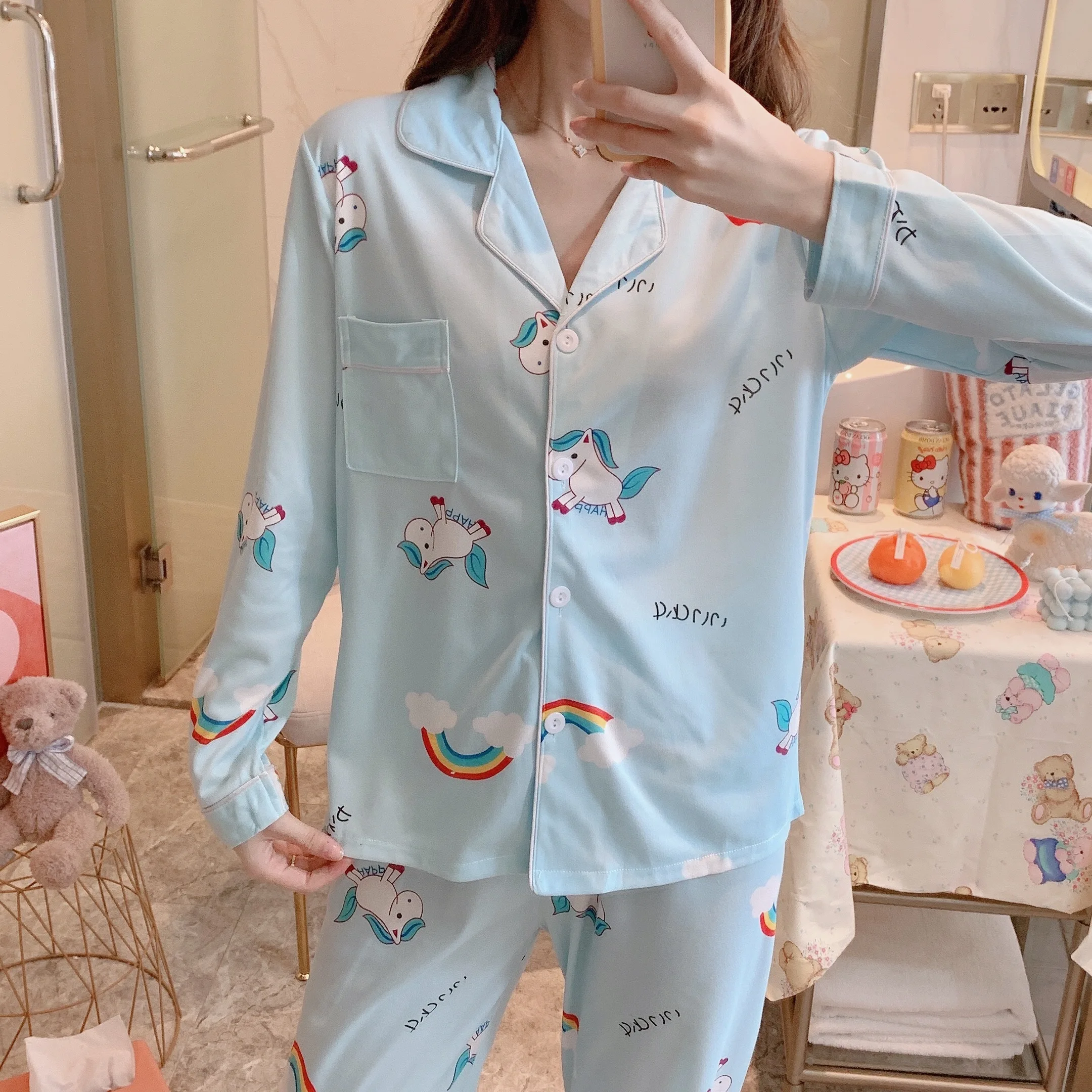 

Spring And Autumn Pajamas Women Korean Cardigan Long-sleeved Sleepwear Trousers HomeSuit Cute Cartoon Unicorn Print Homewear