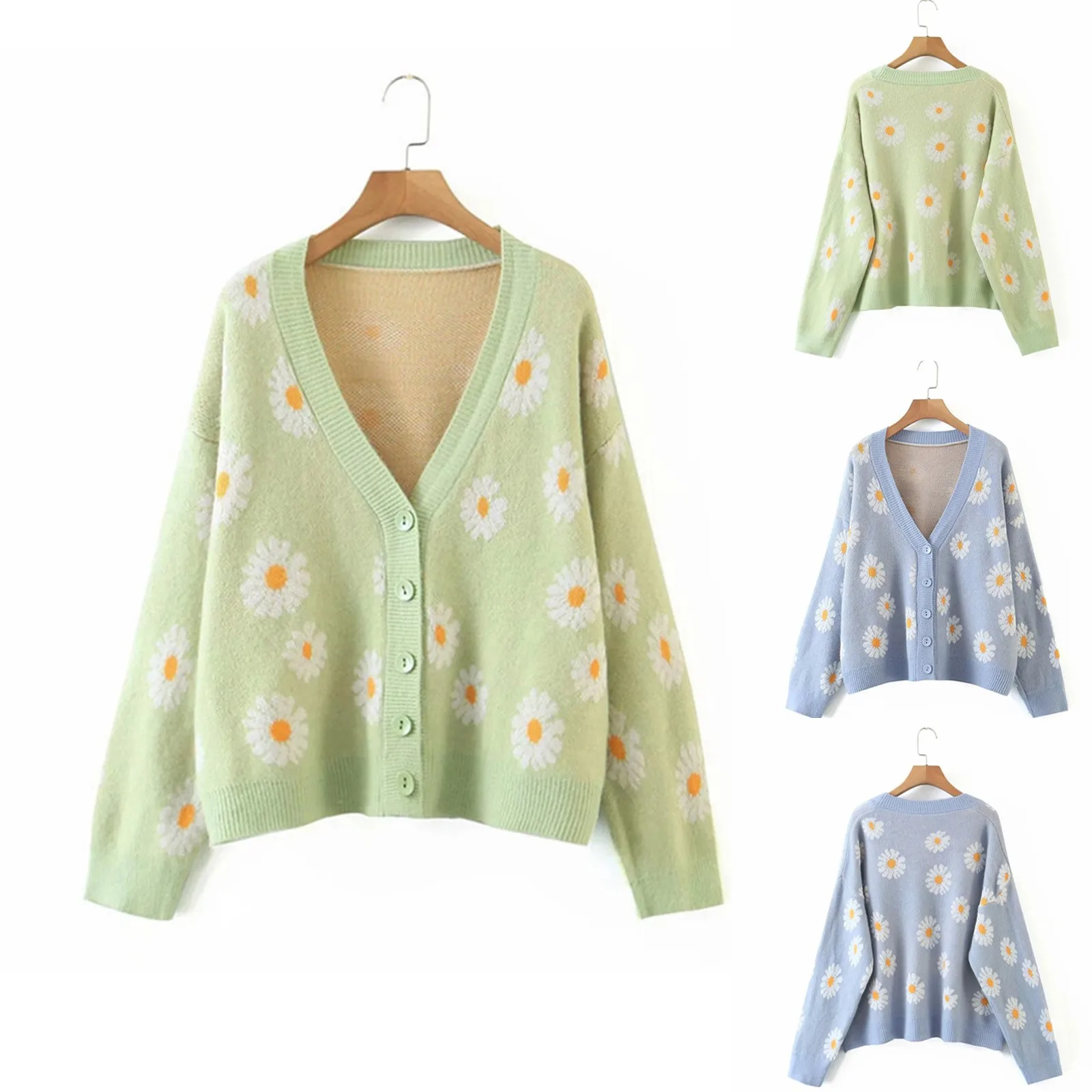 

Женский вязаный кардиган на пуговицах, Повседневный свитер с длинным рукавом, V-образным вырезом и цветочным принтом # T1G