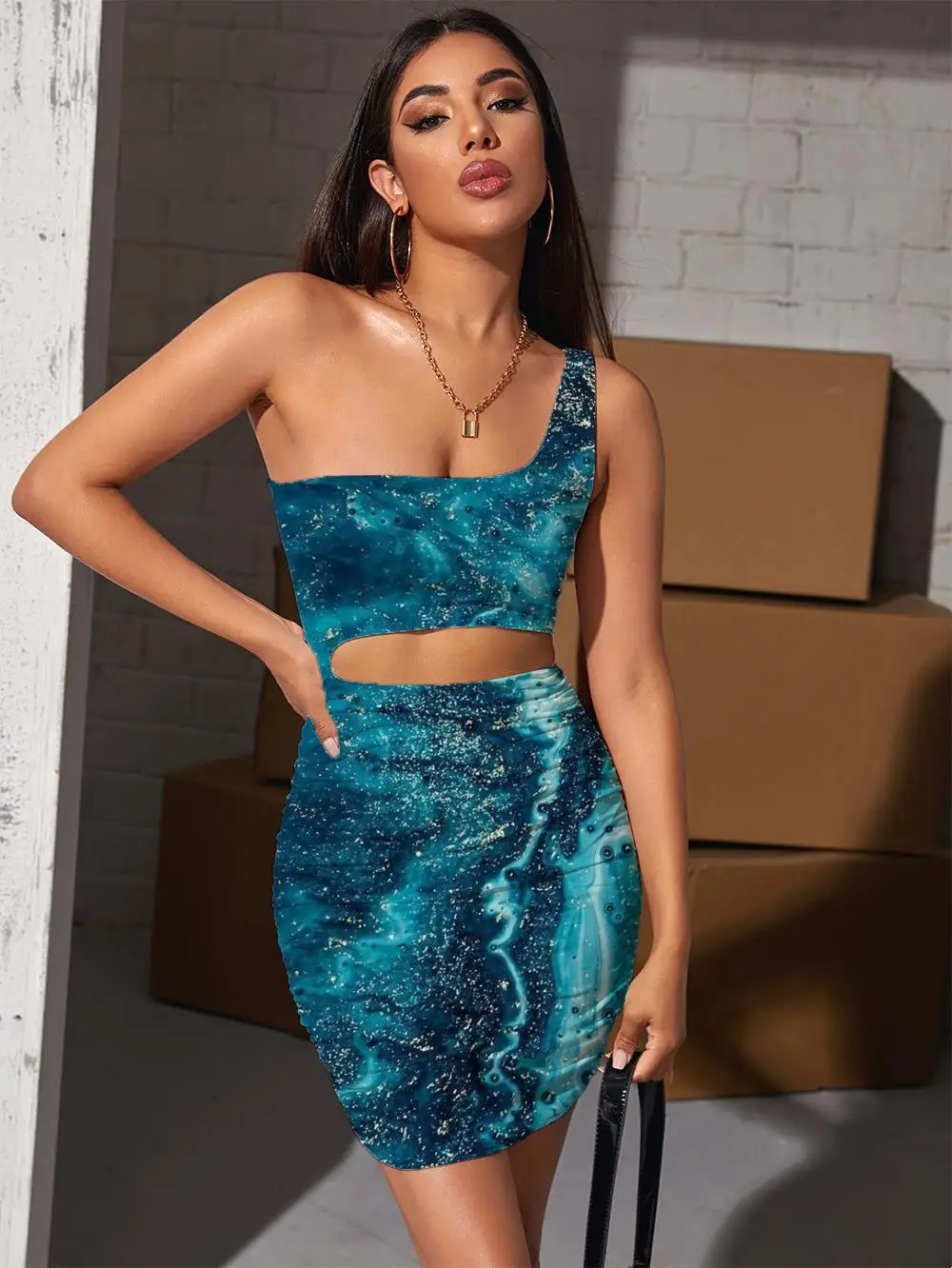 

Giyu Brand Dark Blue Dresses Women Abstract Halter Sleeveless Psychedelic Pleating Art Vestido Sexy Womens Clothing Party Beach