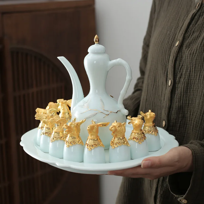 

Creative Chinese Ceramics Wine Set Classic Sake Cup Beverage Dispenser Bar Sets Shot Glass Dispenser Vino Bartender Set BI50BS