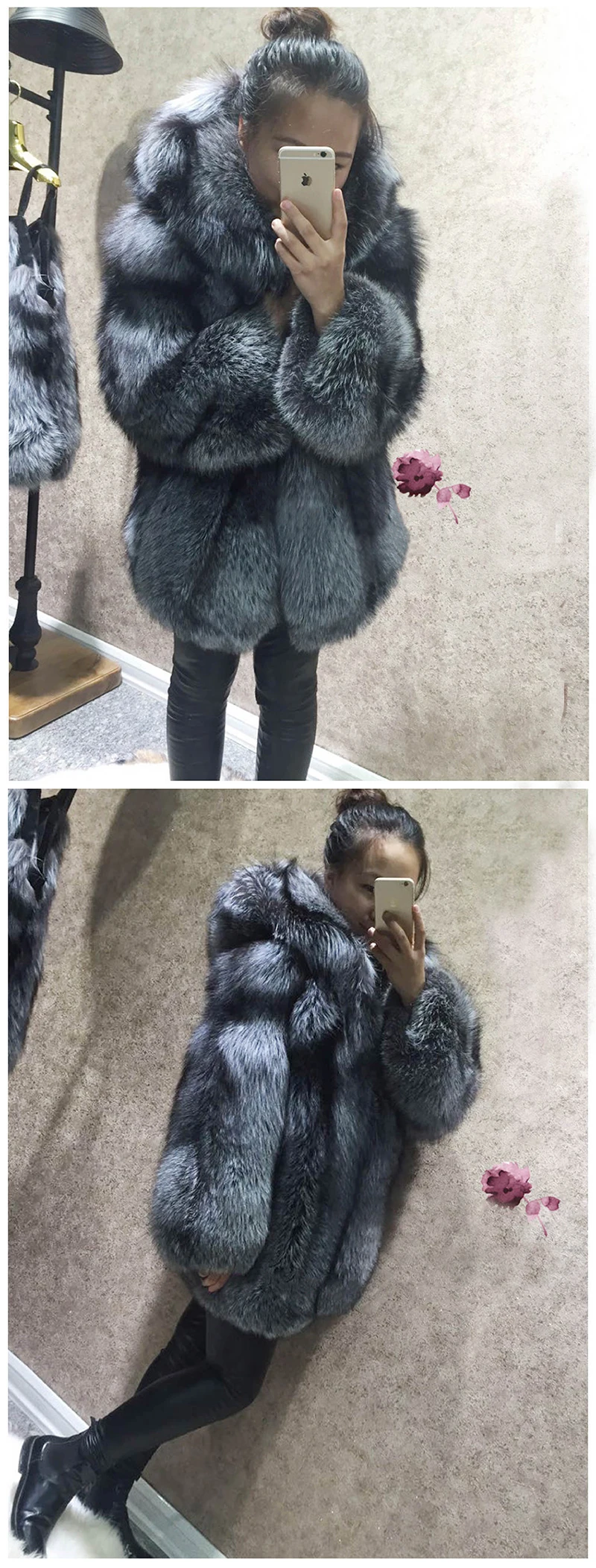 Tatyana furclub, шуба из натурального меха высокого качества, Роскошная Шуба из натурального меха серебристой лисы с капюшоном, Толстая теплая зимняя меховая куртка, цельная кожа