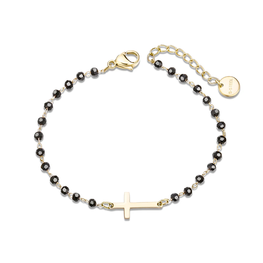 

Black Crystal Chain Cross Charm Bracelet For Women Gold Stainless Steel Religion Bracelet jesus Christmas Gift Jewelry