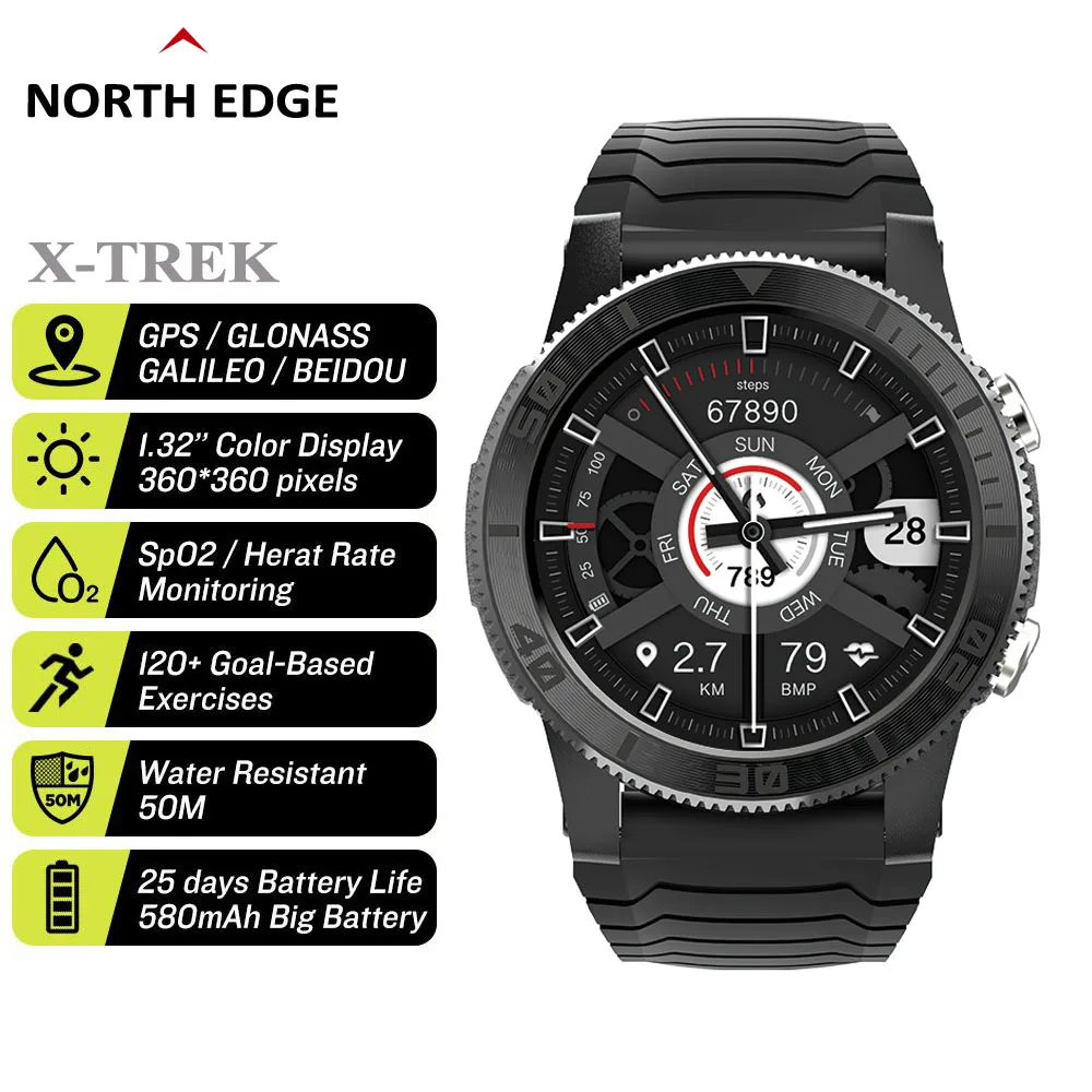 

NORTH EDGE X-TREK Men Sports Smart Watch GPS 360*360dpi Heart Rate SpO2 VO2max Stress 120 Sports Mode Smartwatch For Android IOS