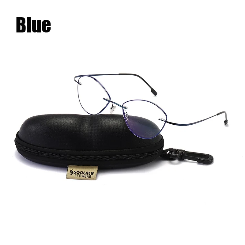 Cat Eye Blue SOOLALA Для женщин Для мужчин Титан Нержавеющая сталь очки для чтения без оправы высокого класса легкого чтения очки с Чехол+ 1,0 до 3,5 - Цвет оправы: Cat Eye Blue