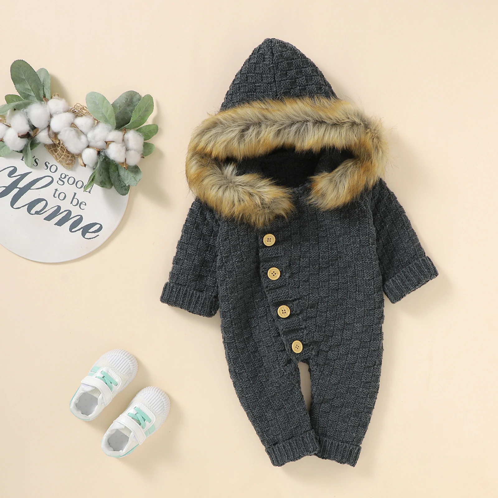 

Baby Clothing Solid Color Long Sleeve Single Breasted Plush Hooded Knitted Bodysuits Toddler Boys Girls Autumn Winter Rompers