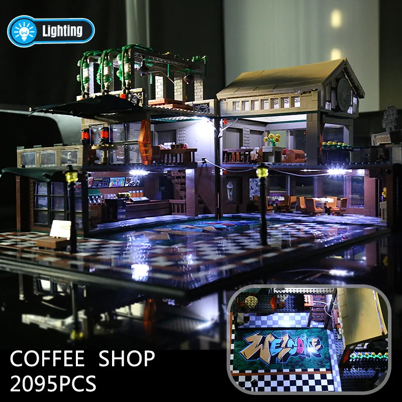 

City Street View Architecture Building Casual Coffee House Set with LED Light Blocks Bricks Classic Model Kids Toys