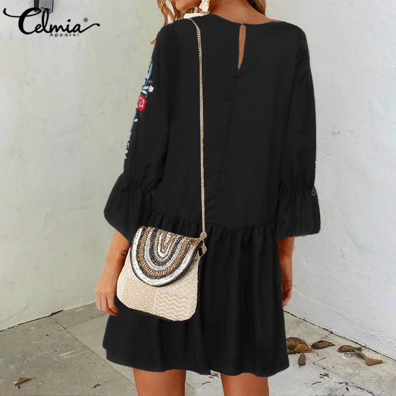 Женское мини-платье с рукавами-фонариками S-5XL Celmia 2021 летние пляжные вечерние платья повседневного стиля с роскошным богемным цветочным принтом и складками Robe Femme.