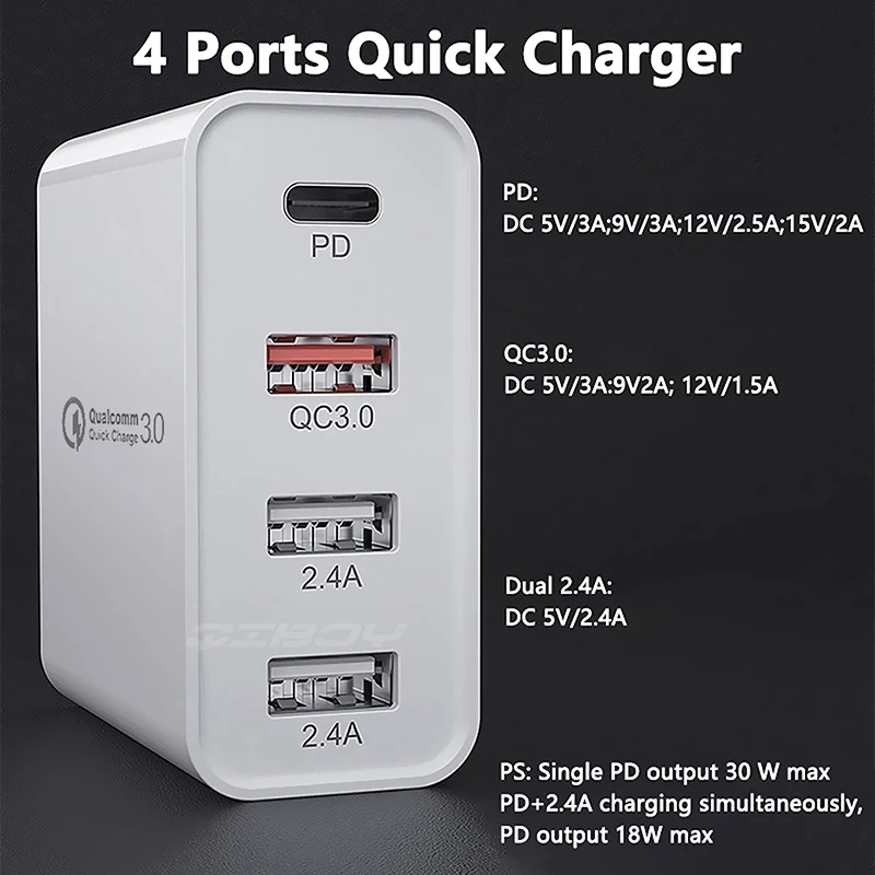 48W быстрое зарядное устройство QC 3 0 USB Type C PD для xiaomi iPhone 10 Samsung A50 4 зарядки порта Power