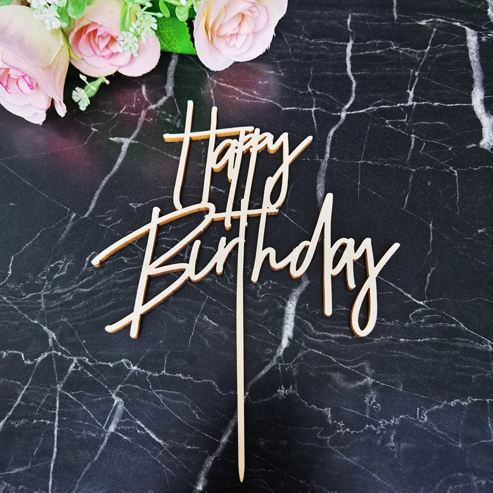 

Wooden Acylic Happy Birthday Cake Topper Mirror Rose silver Gold Black White Happy Birthday Cake topper Party Supplies