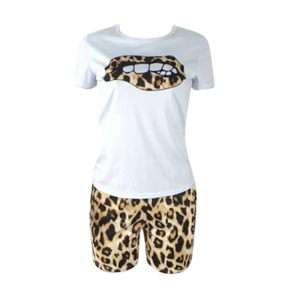 

Plus Size Tracksuit Women Two Piece Sets Leopard Lip T-shirt Top and Shorts Sweat Suits Summer Beach Wear Casual 2 Piece Outfits