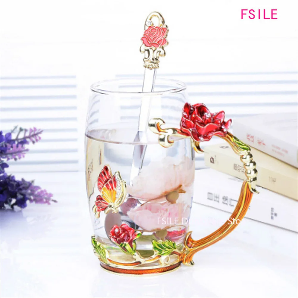Эмалированная прозрачная стеклянная кружка для кофе чая синие розы набор