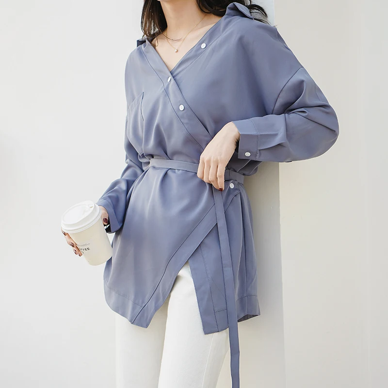 

2019 весенняя и осенняя Корейская версия рубашки неправильного дизайна v-образным вырезом шифон женская Однотонная рубашка женская