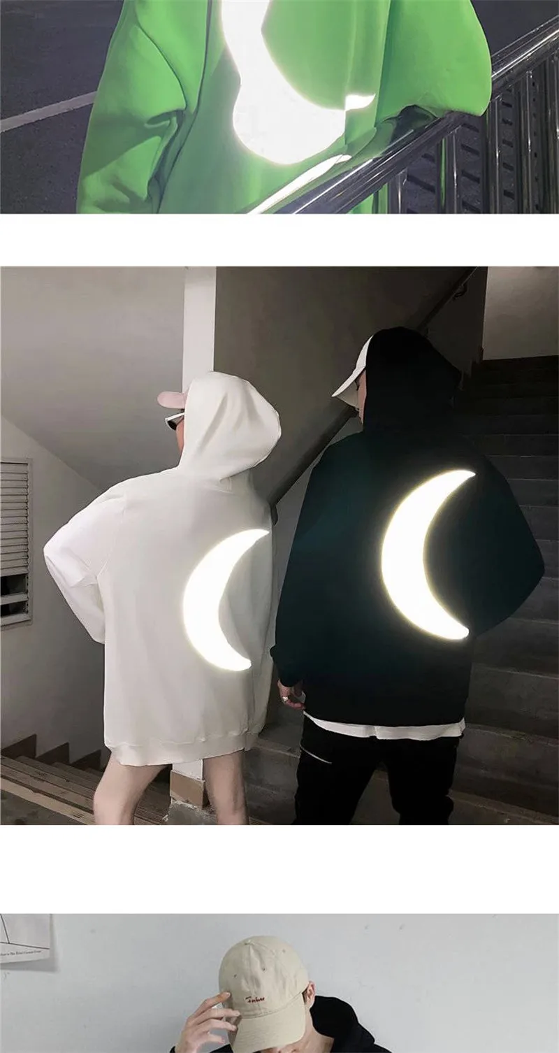 Moon Reflective Hoodies Loose Men's Sweatshirt Orange Autumn Winter Sweatshirts Men Streetwear Cool Japan Hoodies Funny Male