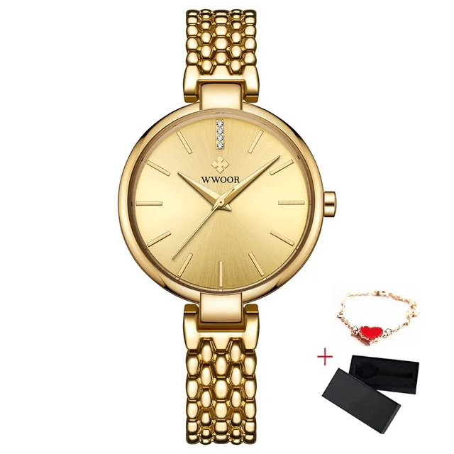 Gold With Box WWOOR, женские наручные часы для женщин, маленькие женские часы-браслет, водонепроницаемые кварцевые часы, розовое золото, женские наручные часы, reloj mujer - Цвет: Gold With Box