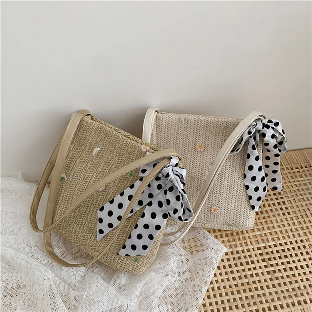

New Arrival Flower Embroidery Women Casual Shopping Bag Straw Material Shoulder Bag Scarf Decoration Fashion Handbag MB764