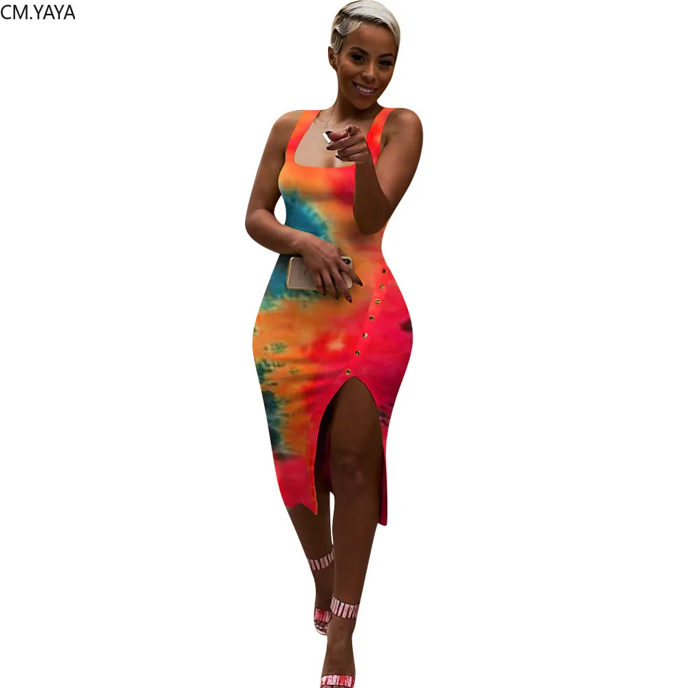 CM.YAYA Women Tie Dye Print Sleeveless O-neck Knitted Side Split Button Up Bodycon Midi Knee Length Pencil Tank Dress | Женская одежда