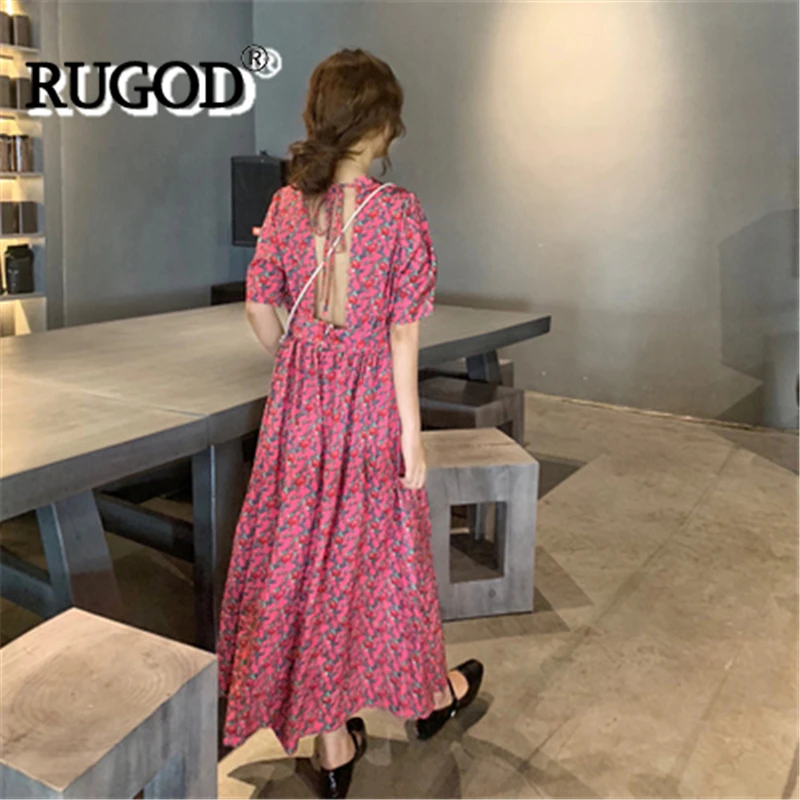 rose Red RUGOD женское длинное платье с цветочным принтом и открытой спиной, шикарное свободное элегантное платье макси с галстуком в стиле ампир, новое летнее модное женское платье в Корейском стиле - Цвет: rose Red