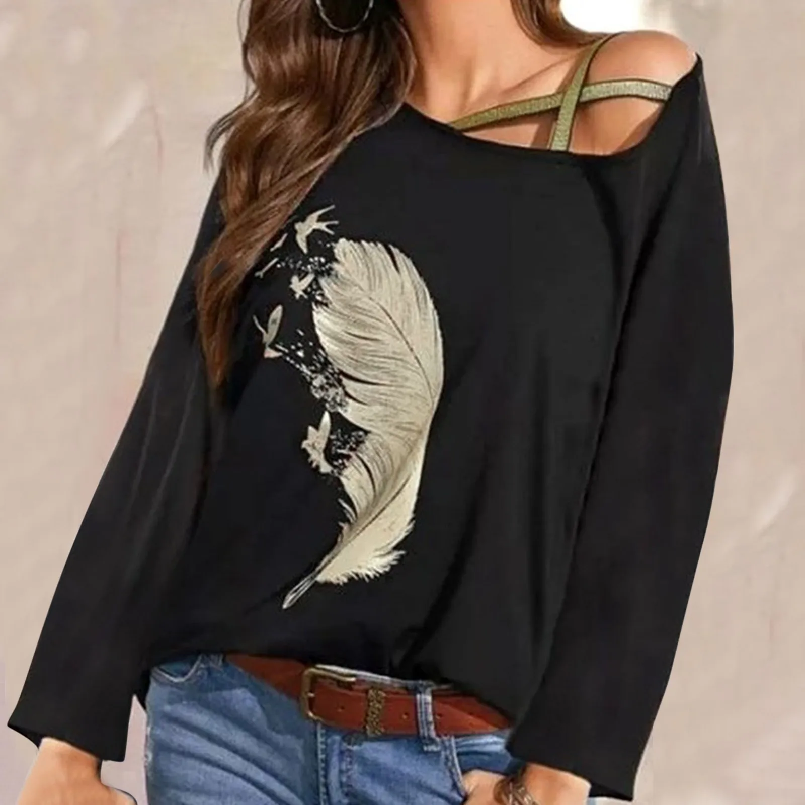 

Женская блузка с открытыми плечами и длинным рукавом, с принтом перьев